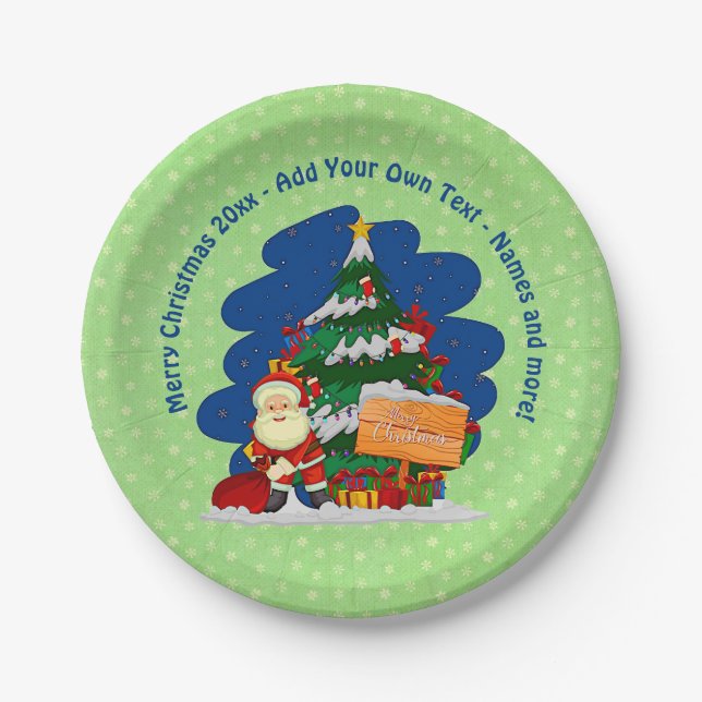 Santa with Christmas Tree 20xx Add Text 7" Paper Plate (Front)