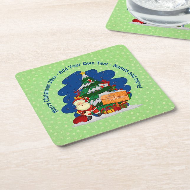 Santa with Christmas Tree 20xx Add Text  Square Paper Coaster (Angled)