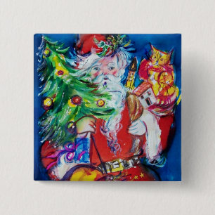SANTA WITH CHRISTMAS TREE AND GIFTS 2 INCH SQUARE BUTTON
