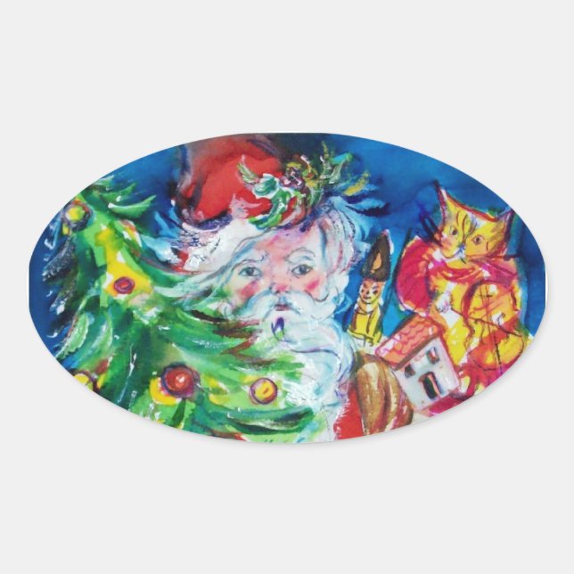SANTA WITH CHRISTMAS TREE AND GIFTS OVAL STICKER (Front)