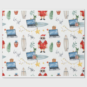 Santa with computer and Surfboard on Christmas Wrapping Paper