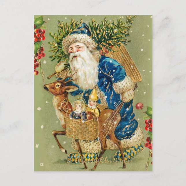 SANTA WITH DEER AND CHRISTMAS GIFTS IN WINTER SNOW POSTCARD (Front)