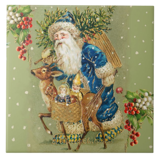 SANTA WITH DEER AND CHRISTMAS GIFTS IN WINTER SNOW TILE (Front)