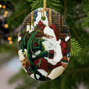 santa with dragon friend ceramic ornament