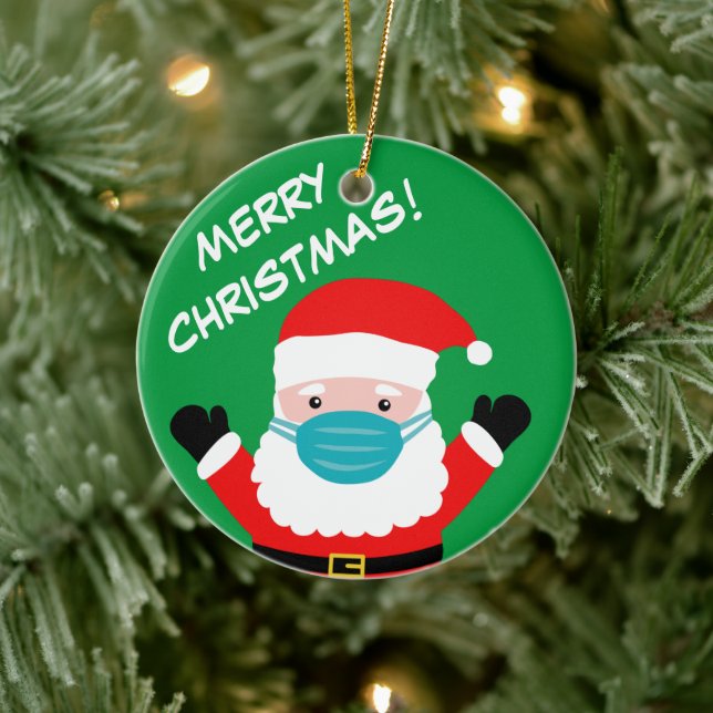 Santa with face mask cartoon custom Christmas Ceramic Ornament (Tree)