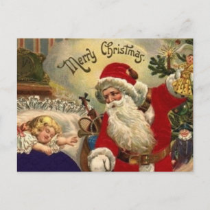 Santa with Gift Cute Baby Girl Vintage Christmas Holiday Postcard