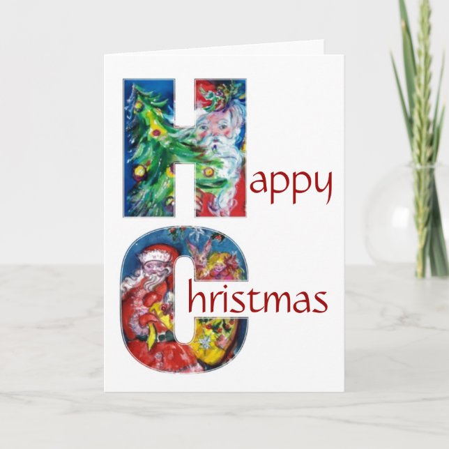 SANTA WITH GIFTS AND CHRISTMAS TREE MONOGRAM HOLIDAY CARD (Front)