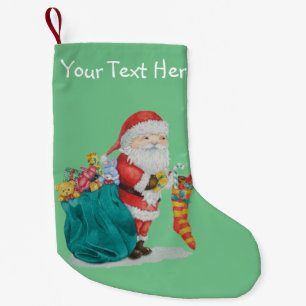 santa with green sack filled with christmas gifts small christmas stocking
