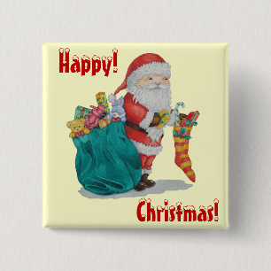 santa with green sack getting ready for christmas 2 inch square button