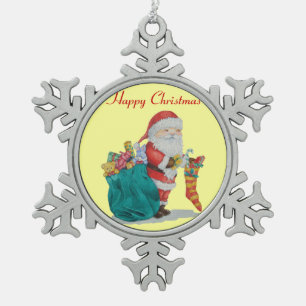 santa with green sack getting ready for christmas snowflake pewter christmas ornament