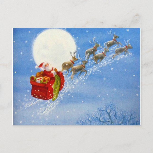 Santa with his flying Reindeer Holiday Postcard (Front)