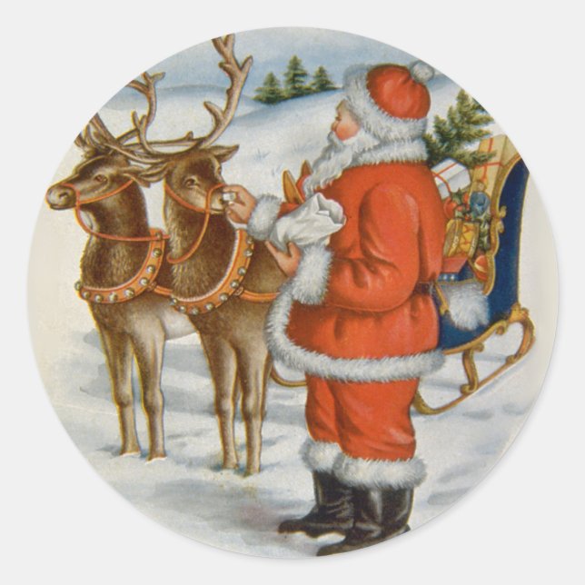 Santa With His Reindeer Classic Round Sticker (Front)