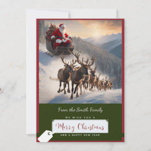 Santa with his sleigh and reindeer holiday card