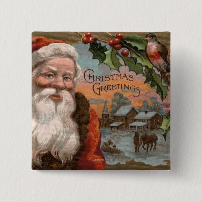 Santa with Holly, Village Scene 2 Inch Square Button (Front)