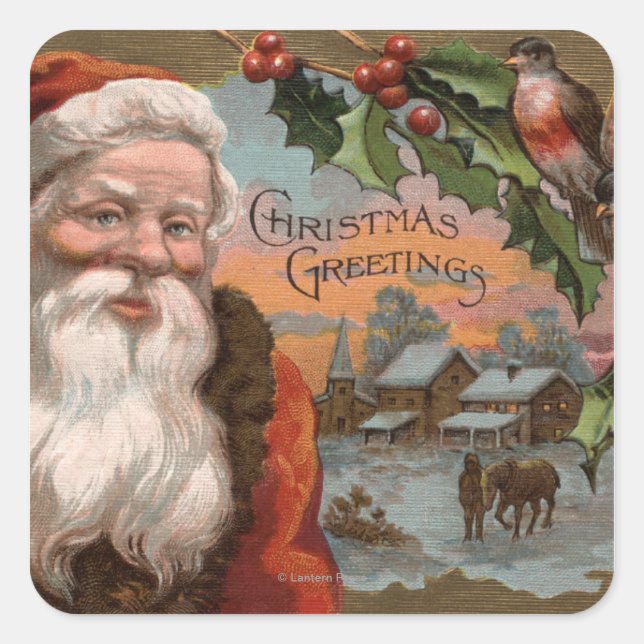 Santa with Holly, Village Scene Square Sticker (Front)
