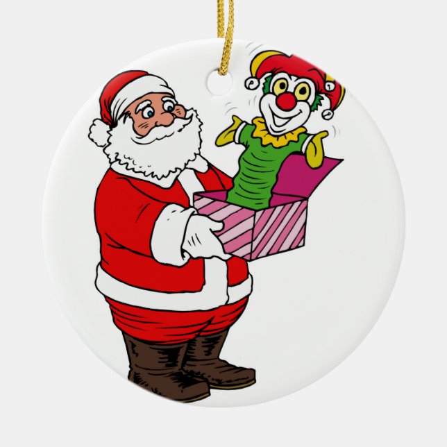 Santa with jack in the box ceramic ornament (Front)