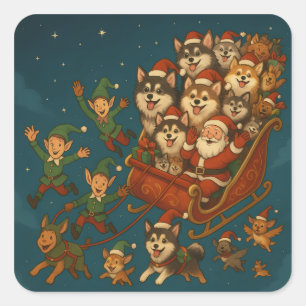 Santa with joyous pups and elves! square sticker