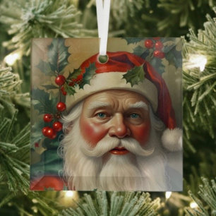 Santa With Mistletoe Glass Ornament