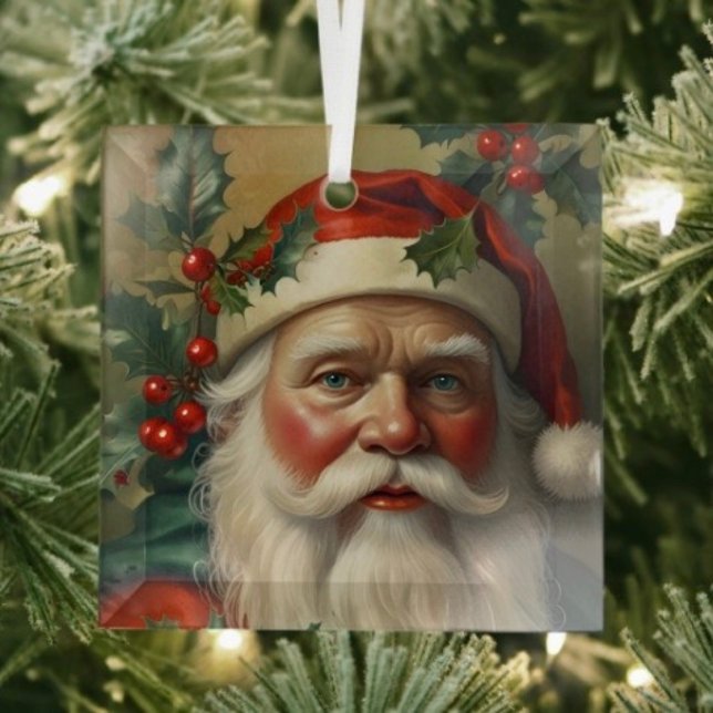 Santa With Mistletoe Glass Ornament (Glass Square Ornament frosted back one-sided printable size: 3”.)