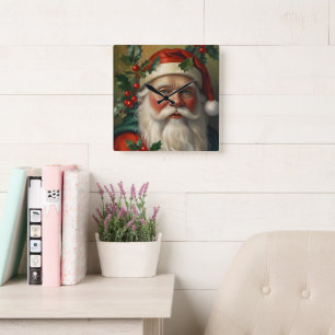 Santa With Mistletoe Square Wall Clock