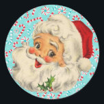 Santa with Peppermints Classic Round Sticker<br><div class="desc">Sweet Vintage Santa design of a Jolly Santa Claus against a turquoise background with peppermints and candy canes.</div>