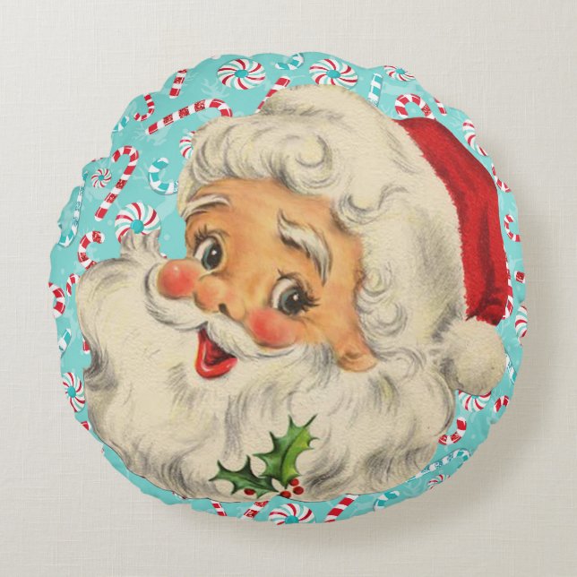 Santa with Peppermints Round Pillow (Front)