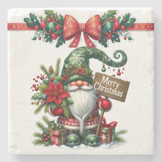 Santa with Poinsettia Christmas Stone Coaster (Front)