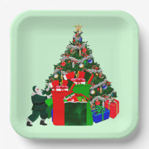Santa With Presents at Tree Paper Plates
