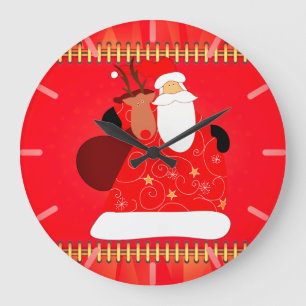 Santa with Reindeer Christmas Holidays   Large Clock