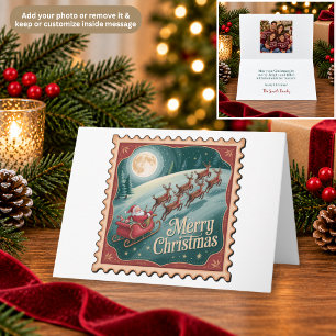 Santa With Reindeer Postage Stamp Christmas Card