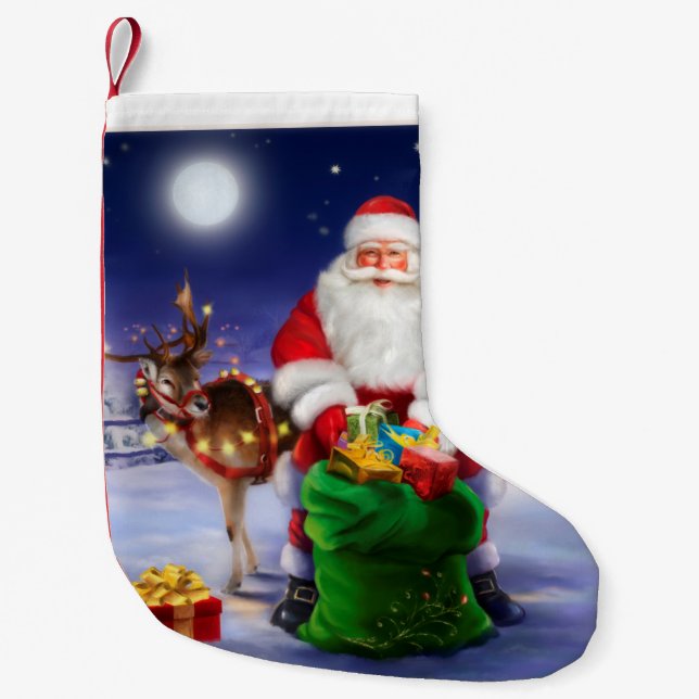 Santa with Reindeer Small Christmas Stocking (Front)