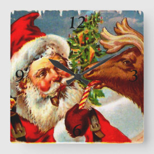 Santa with Reindeer Square Wall Clock