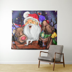 Santa with Reindeers Funny Christmas Tapestry