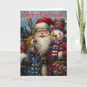 Santa With Rudolph And Snowman at Christmas Holiday Card