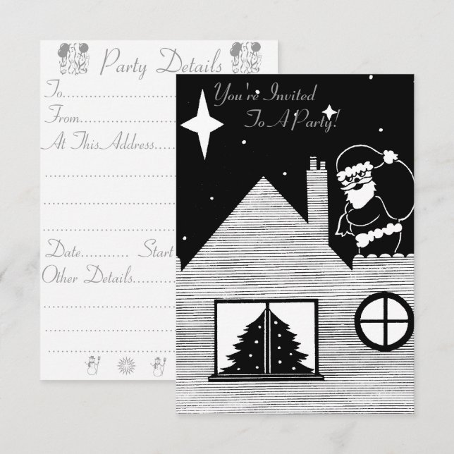 santa with sack on roof black and white christmas invitation (Front/Back)