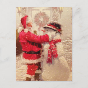 Santa with Snowman Vintage Christmas Holiday Postcard