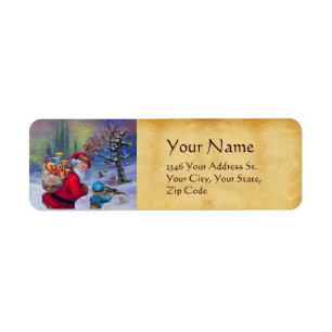 SANTA WITH TOYS AND CHILD IN THE WINTER SNOW