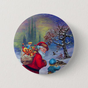 SANTA WITH TOYS AND CHILD IN THE WINTER SNOW  2 INCH ROUND BUTTON
