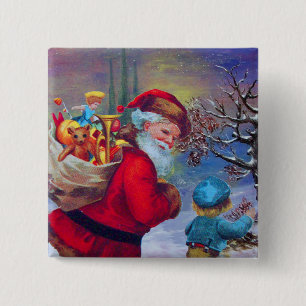 SANTA WITH TOYS AND CHILD IN THE WINTER SNOW  2 INCH SQUARE BUTTON