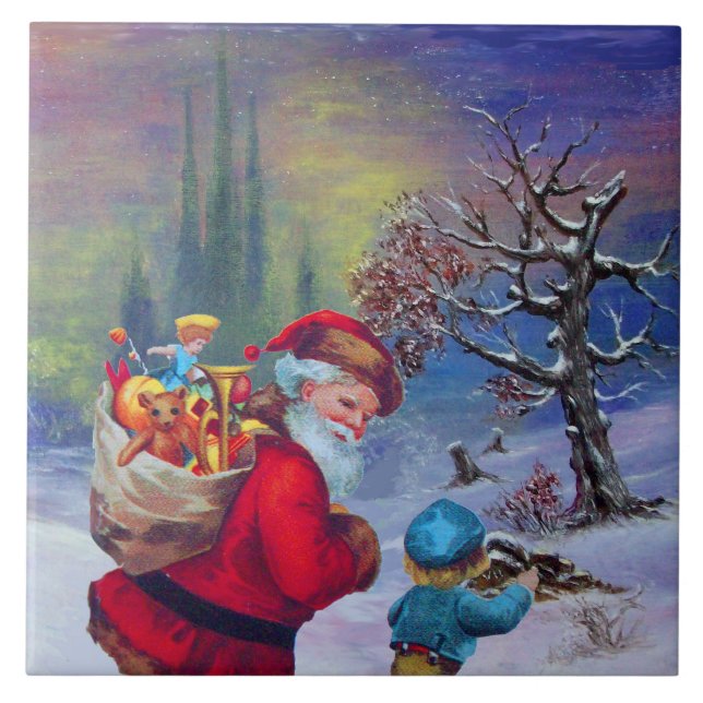 SANTA WITH TOYS AND CHILD IN THE WINTER SNOW  CERA TILE (Front)