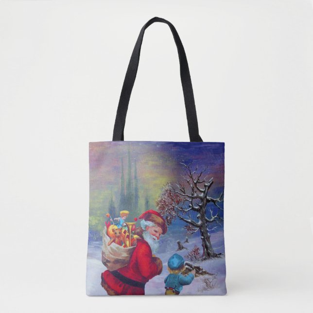 SANTA WITH TOYS AND CHILD IN THE WINTER SNOW TOTE BAG (Front)