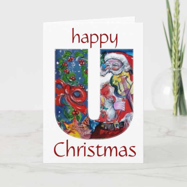 SANTA WITH VIOLIN  H MONOGRAM HOLIDAY CARD (Front)
