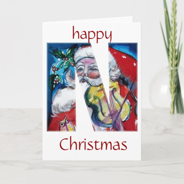 SANTA WITH VIOLIN  N MONOGRAM HOLIDAY CARD (Front)