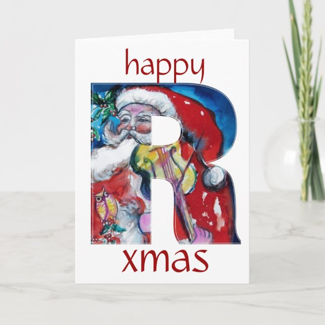 SANTA WITH VIOLIN  R MONOGRAM HOLIDAY CARD (Front)