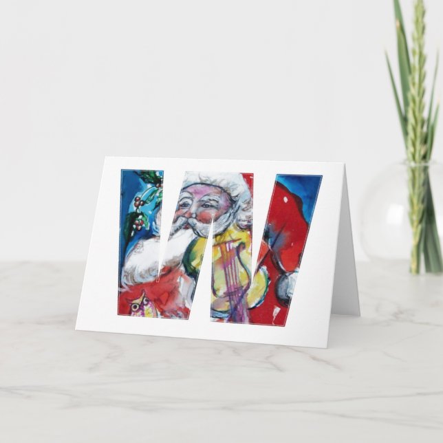SANTA WITH VIOLIN  W MONOGRAM HOLIDAY CARD (Front)