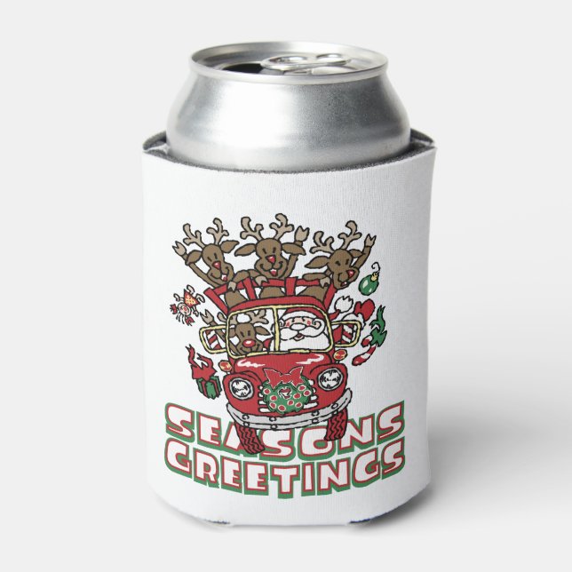 Santa Woody and His Reindeer Christmas Cartoon Can Cooler (Can Front)