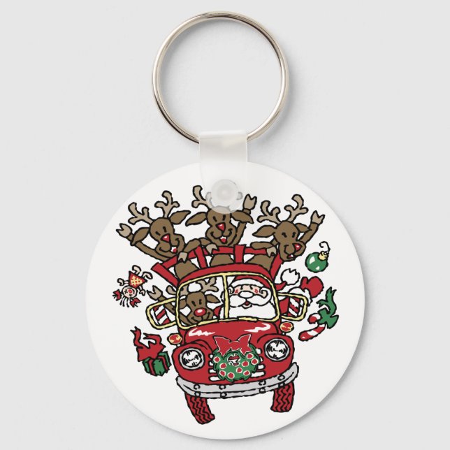 Santa Woody and His Reindeer Christmas Cartoon Keychain (Front)
