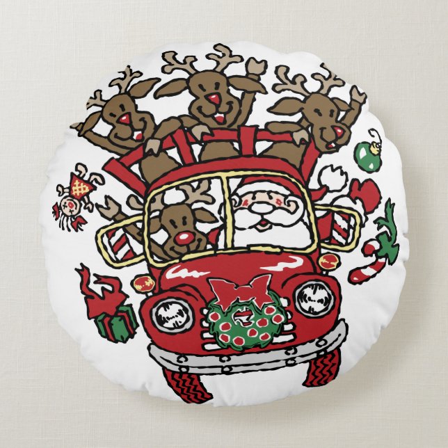 Santa Woody and His Reindeer Christmas Cartoon Round Pillow (Front)
