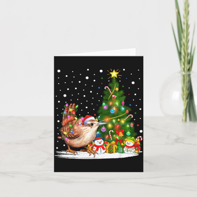 Santa Wren Bird Xmas Tree Lighting Wren Christmas  Card (Front)