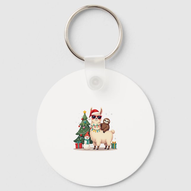 Santa Xmas Funny Llama Sloth Christmas (2) Keychain (Front)